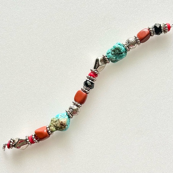 Turquoise and Carnelian Nuggets with Coral Colored Heishi Beads and Black Glass - Picture 8 of 8